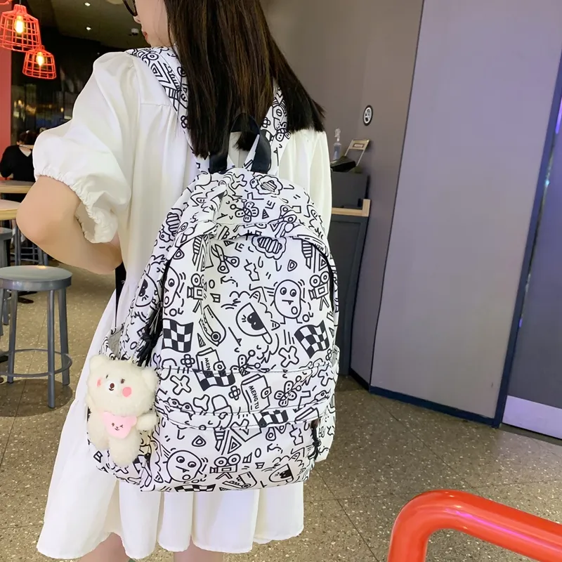 KAMLUI Nylon Double Shoulder Backpack Students Backpack Regular Unisex Multicolor/Black White-10