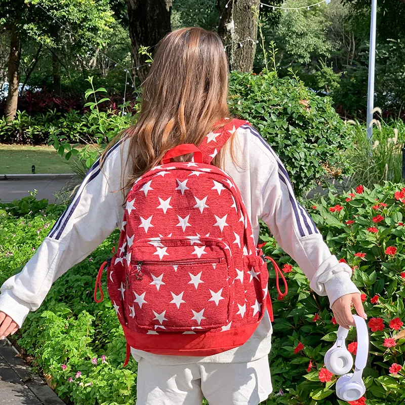 KAMLUI Polyester Backpack Unisex Star Red/Star Blue/Stripes Gray-5