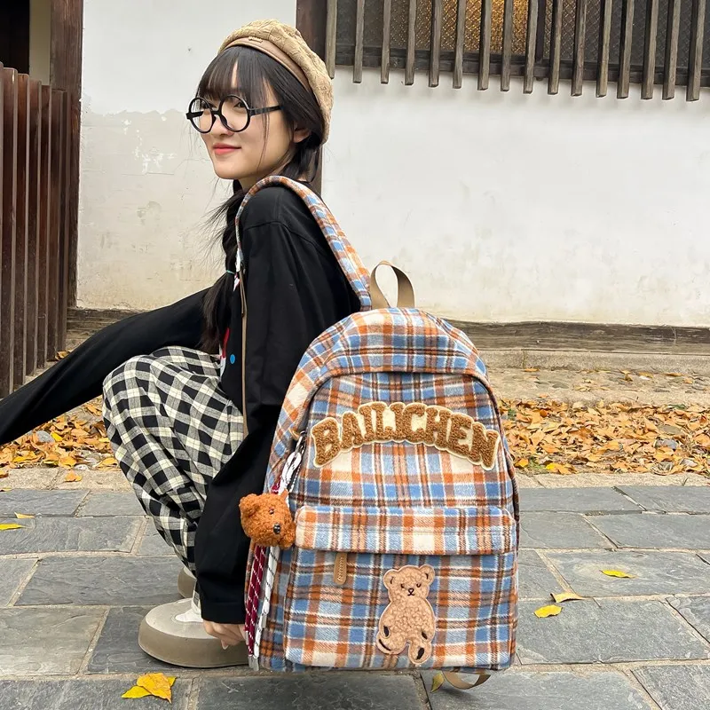 KAMLUI Woolen Backpacks Backpack Unisex Blue Orange/Beige Coffee Plaid/Red Blue Plaid/Coffee Blue Plaid/Khaki Plaid-5