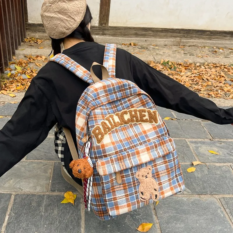 KAMLUI Woolen Backpacks Backpack Unisex Blue Orange/Beige Coffee Plaid/Red Blue Plaid/Coffee Blue Plaid/Khaki Plaid-3