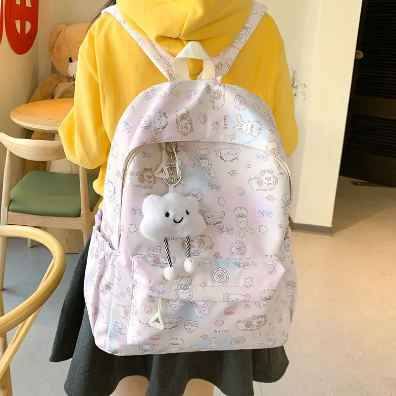 KAMLUI Nylon Backpack Unisex Light Pink Bunny/Light Blue Bowknot/White Puppy/Beige Little Bear/Ecru Little Red Rabbit-3