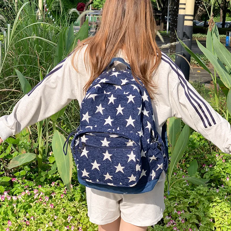 KAMLUI Polyester Backpack Unisex Star Red/Star Blue/Stripes Gray-8
