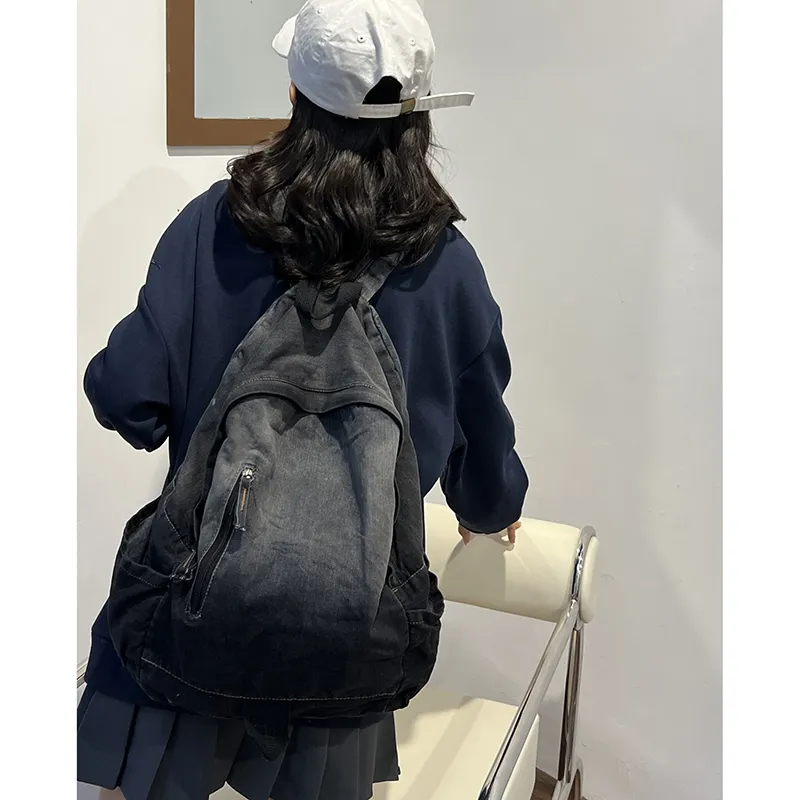 KAMLUI Denim Backpack Backpack Student Backpack Regular Unisex Black/Blue-8