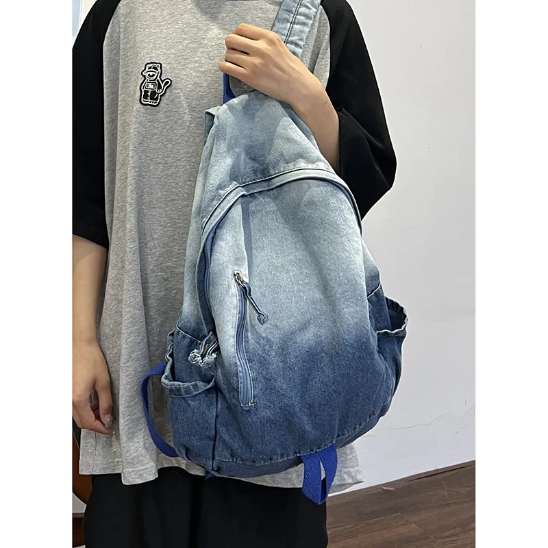 KAMLUI Denim Backpack Backpack Student Backpack Regular Unisex Black/Blue-17