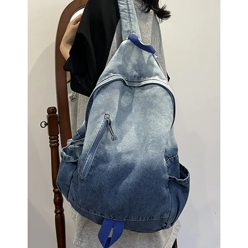 KAMLUI Denim Backpack Backpack Student Backpack Regular Unisex Black/Blue-12