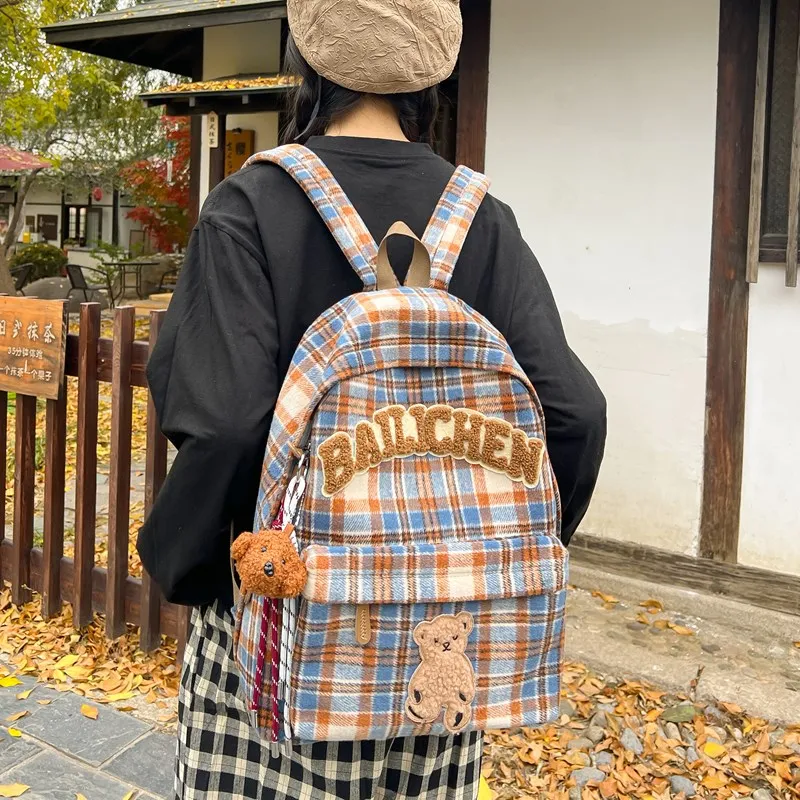 KAMLUI Woolen Backpacks Backpack Unisex Blue Orange/Beige Coffee Plaid/Red Blue Plaid/Coffee Blue Plaid/Khaki Plaid-1