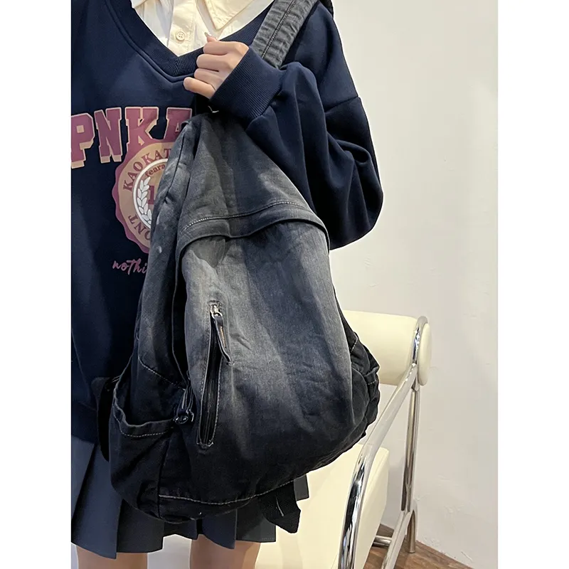 KAMLUI Denim Backpack Backpack Student Backpack Regular Unisex Black/Blue-2