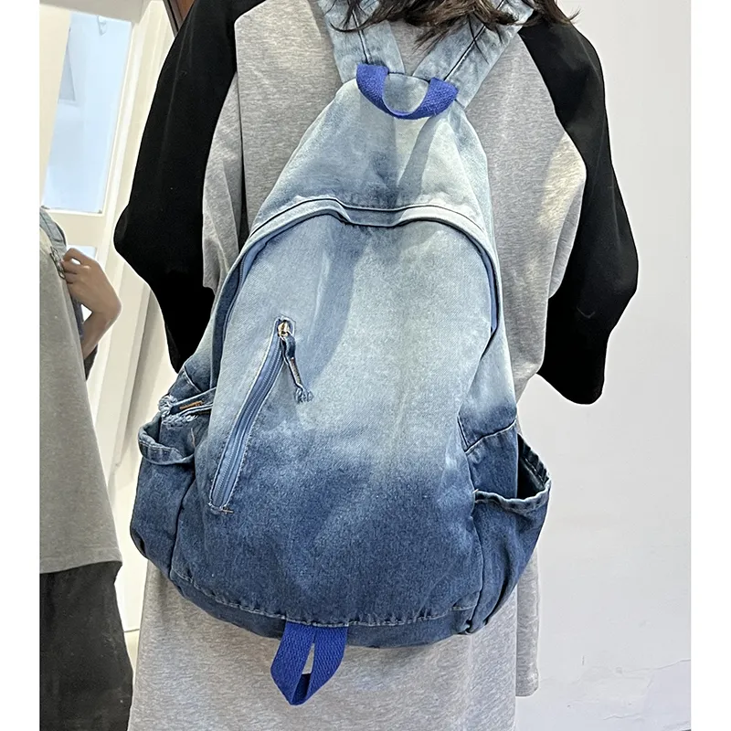 KAMLUI Denim Backpack Backpack Student Backpack Regular Unisex Black/Blue-10