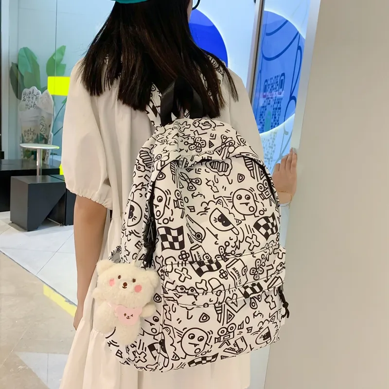 KAMLUI Nylon Double Shoulder Backpack Students Backpack Regular Unisex Multicolor/Black White-12