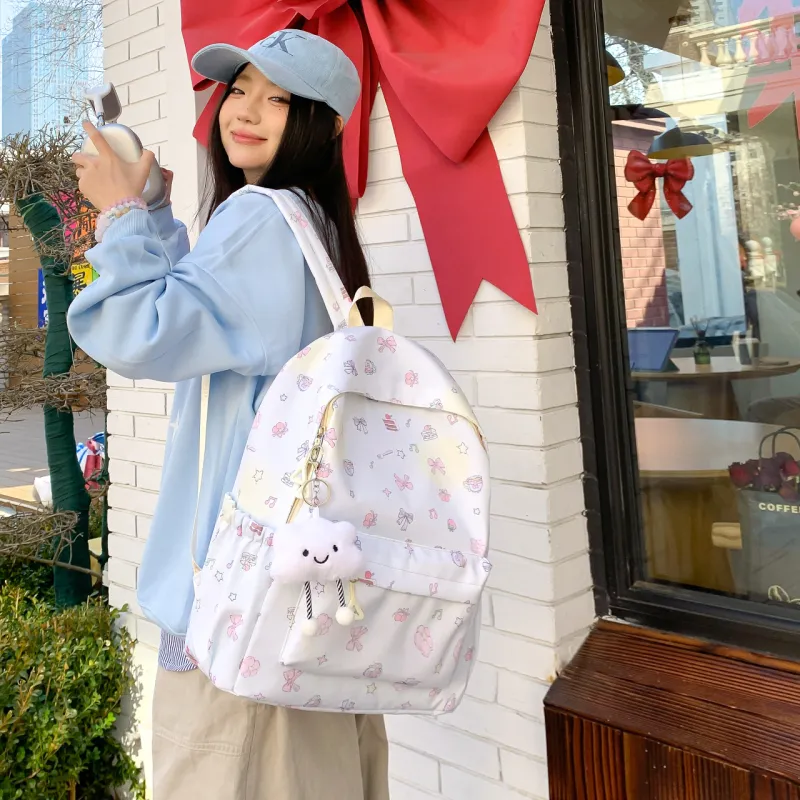 KAMLUI Nylon Backpack Unisex Light Pink Bunny/Light Blue Bowknot/White Puppy/Beige Little Bear/Ecru Little Red Rabbit-8