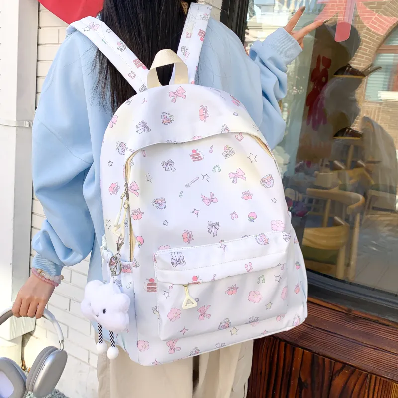 KAMLUI Nylon Backpack Unisex Light Pink Bunny/Light Blue Bowknot/White Puppy/Beige Little Bear/Ecru Little Red Rabbit-5