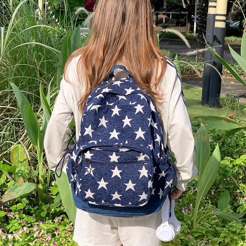 KAMLUI Polyester Backpack Unisex Star Red/Star Blue/Stripes Gray-10