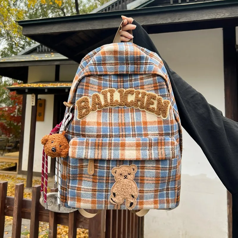 KAMLUI Woolen Backpacks Backpack Unisex Blue Orange/Beige Coffee Plaid/Red Blue Plaid/Coffee Blue Plaid/Khaki Plaid-2