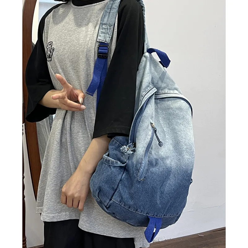 KAMLUI Denim Backpack Backpack Student Backpack Regular Unisex Black/Blue-13
