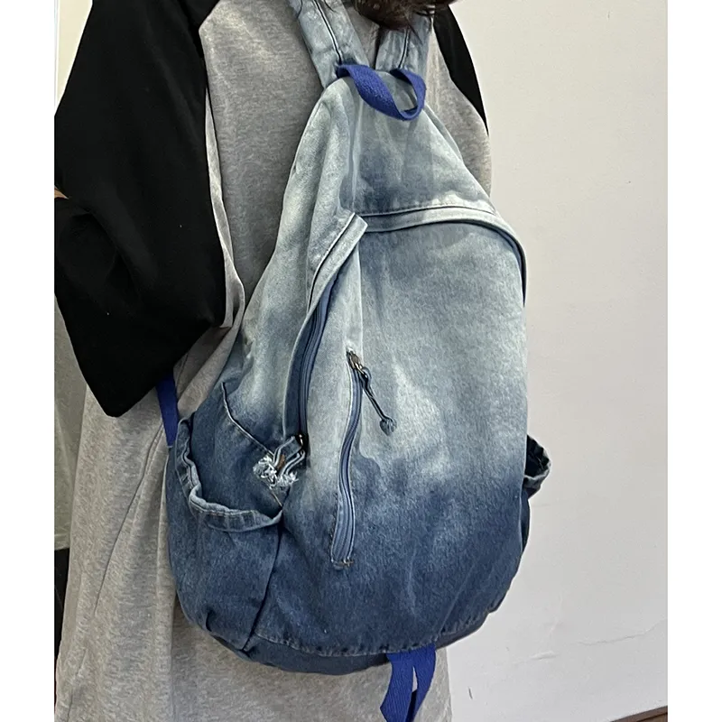 KAMLUI Denim Backpack Backpack Student Backpack Regular Unisex Black/Blue-11
