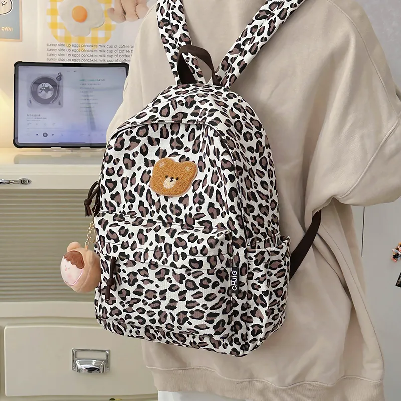 KAMLUI Nylon Backpack Regular Unisex Coffee Leopard Print/White Leopard Print-7