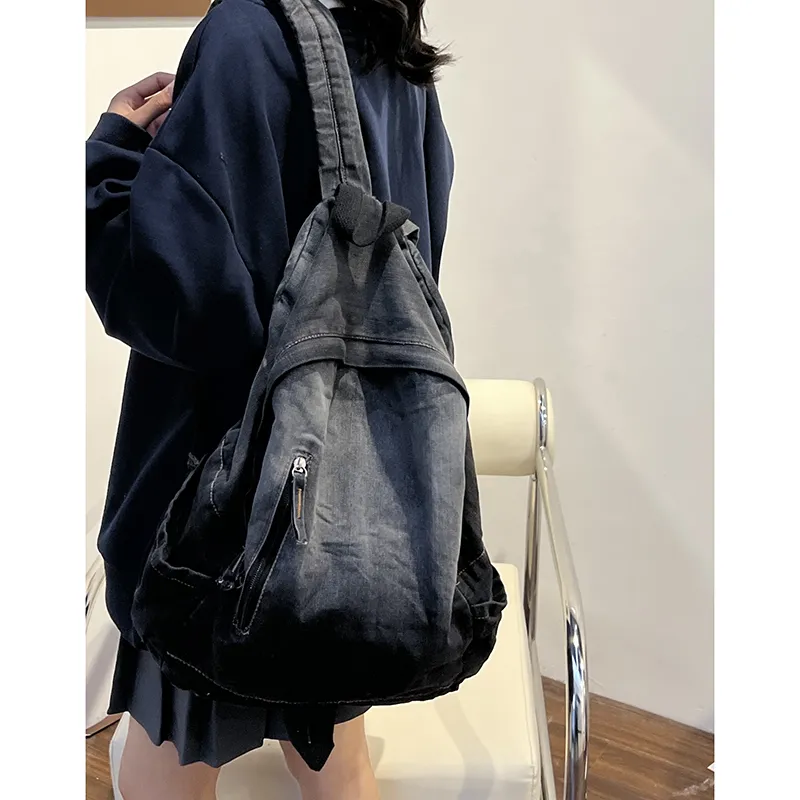 KAMLUI Denim Backpack Backpack Student Backpack Regular Unisex Black/Blue-7
