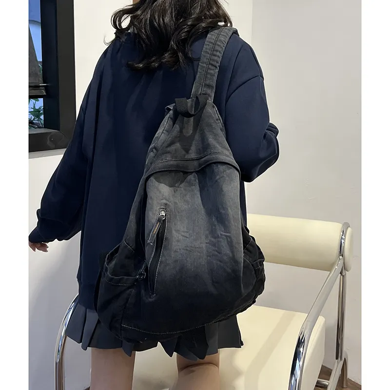 KAMLUI Denim Backpack Backpack Student Backpack Regular Unisex Black/Blue-5