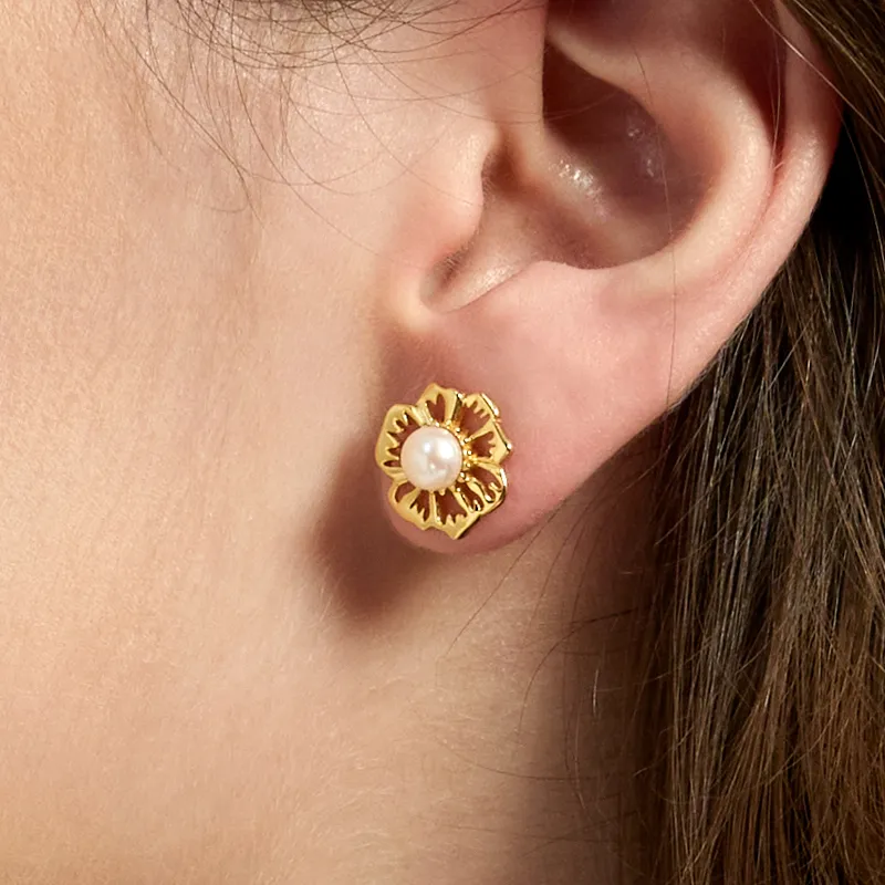 Bezzo 925 Silver Pearls Stud Earrings Women's Gold-2
