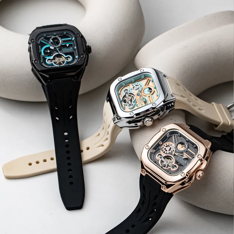 BIELLA Wrist Watch Mechanical Movement Silicone Strap Cut Out Dial Unisex-12