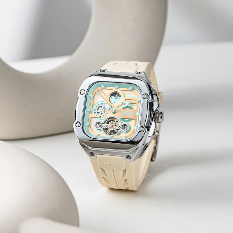 BIELLA Wrist Watch Mechanical Movement Silicone Strap Cut Out Dial Unisex-10
