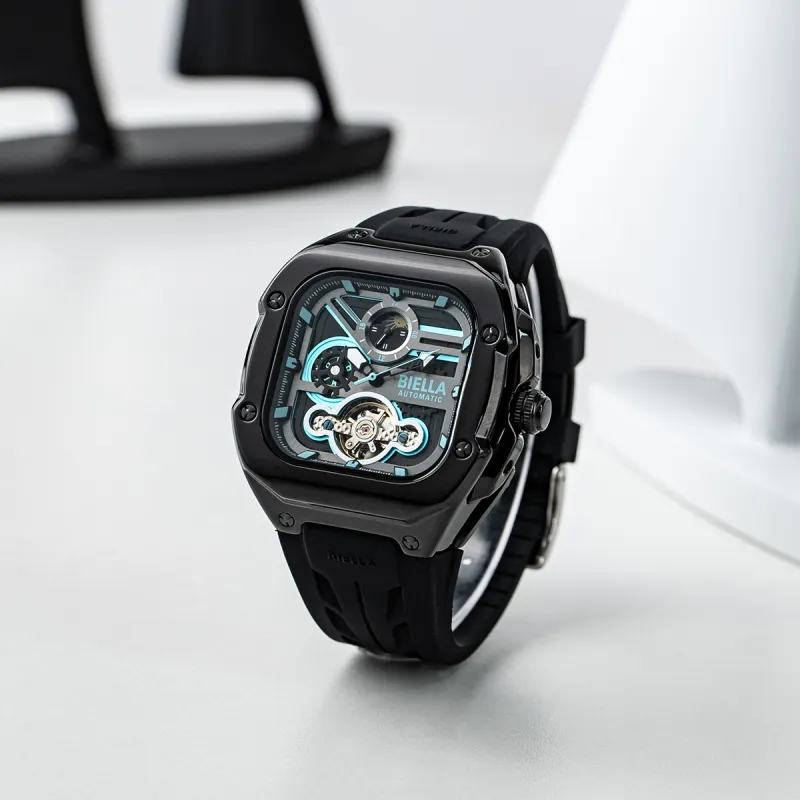 BIELLA Wrist Watch Mechanical Movement Silicone Strap Cut Out Dial Unisex-16