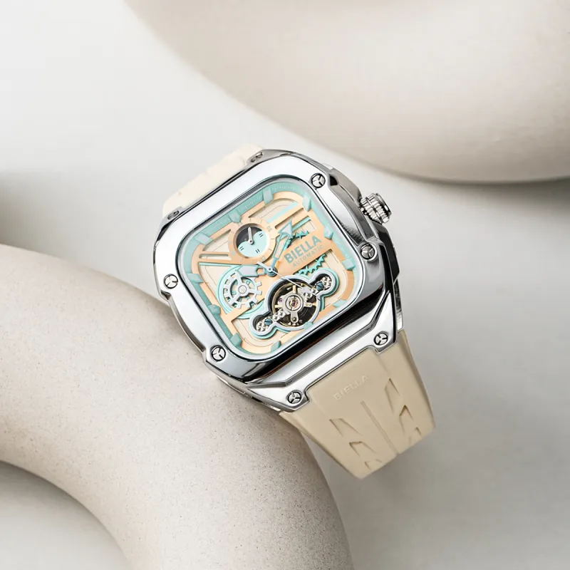 BIELLA Wrist Watch Mechanical Movement Silicone Strap Cut Out Dial Unisex-13