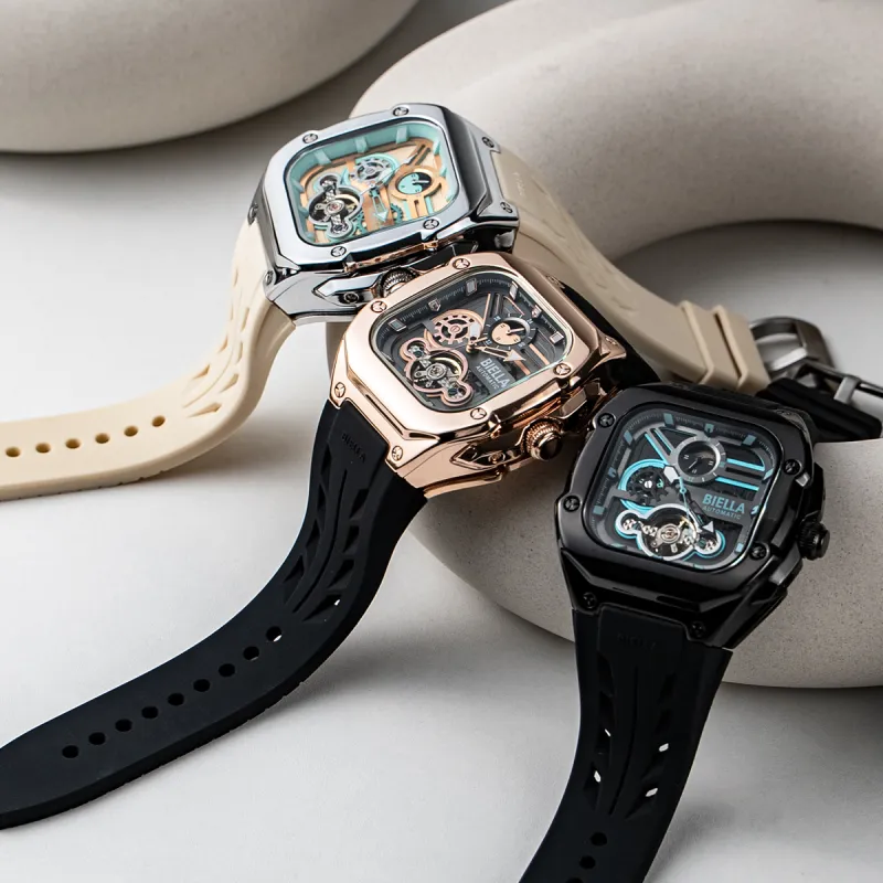 BIELLA Wrist Watch Mechanical Movement Silicone Strap Cut Out Dial Unisex-3