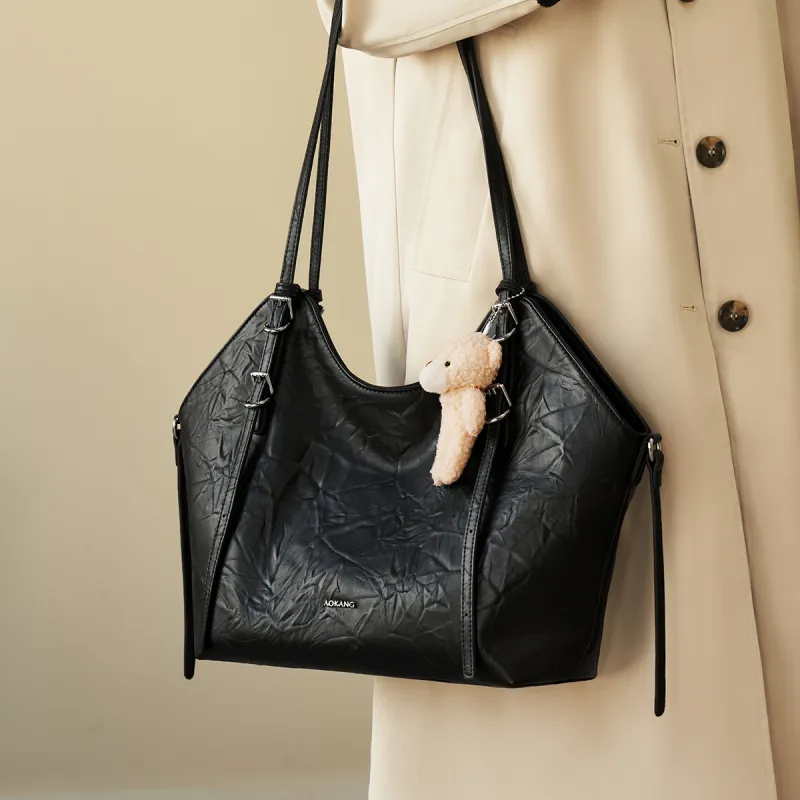 AOKANG Polyurethane Leather Tote Shoulder Bag Women's Classic Black/Cocoa Coffee/Beige Apricot-8