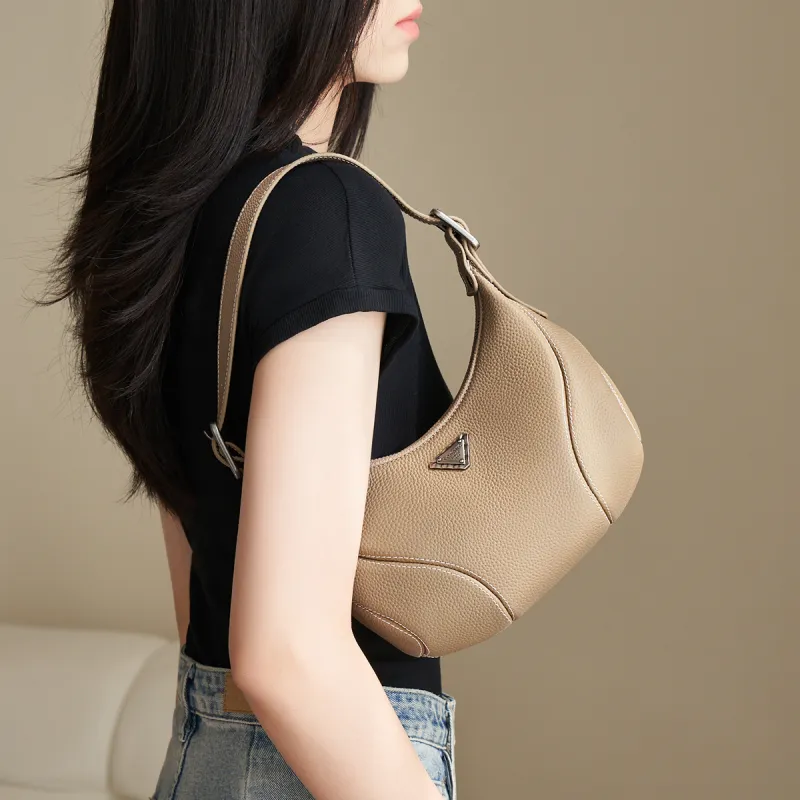 AOKANG Cow Leather Underarm Shoulder Bag Small Size Women's Ecru/Classic Black/Elephant Gray-17