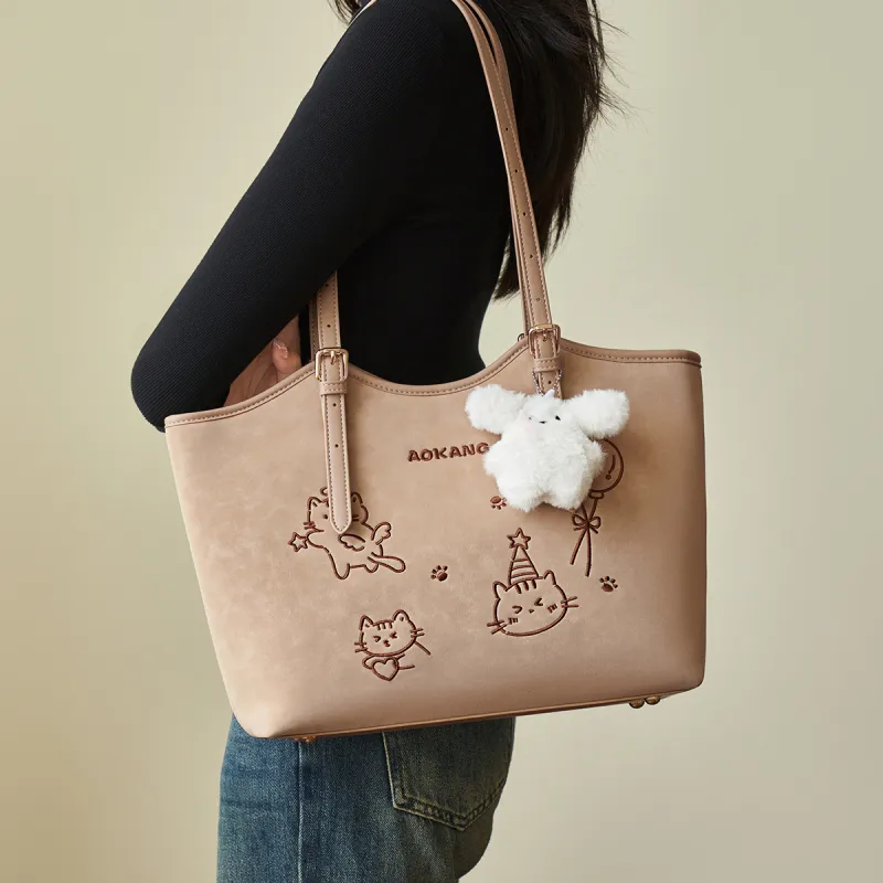 AOKANG Polyurethane Leather Tote Bag, Shoulder Bag Large Size Women's Pink/White/Black/Apricot-11