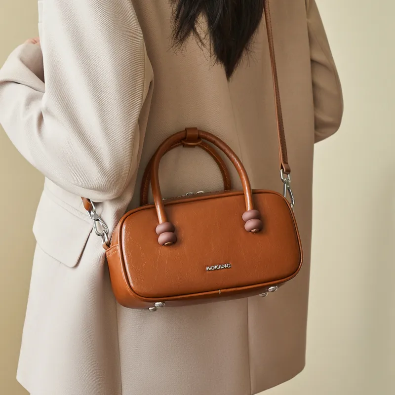 AOKANG Cow Leather Bowling Bag One Shoulder Underarm Crossbody Handbag Regular Women's Multicolor-9