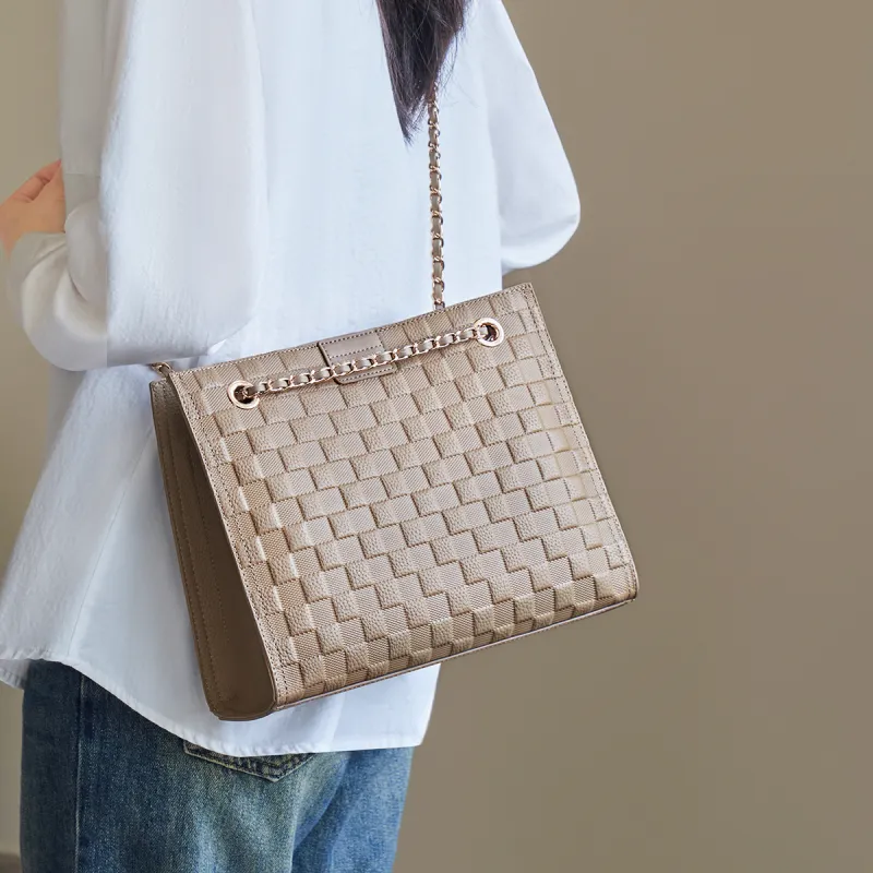 AOKANG Cow Leather Tote Diamond Pattern Chain Bag Crossbody Underarm Shoulder Bag Regular Women's Ecru/Elephant Gray-11