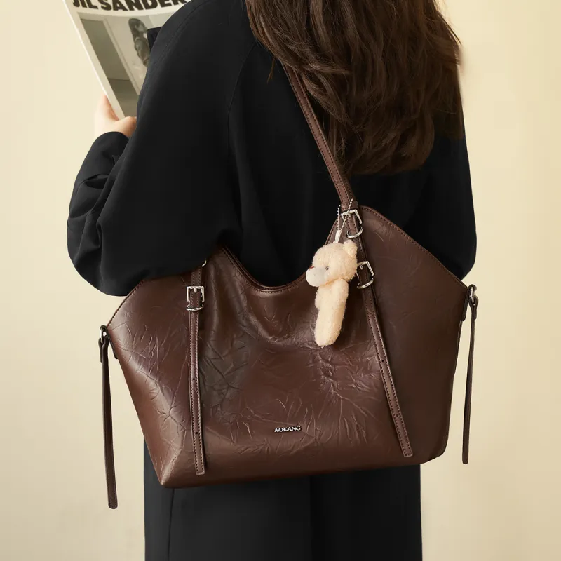 AOKANG Polyurethane Leather Tote Shoulder Bag Women's Classic Black/Cocoa Coffee/Beige Apricot-1