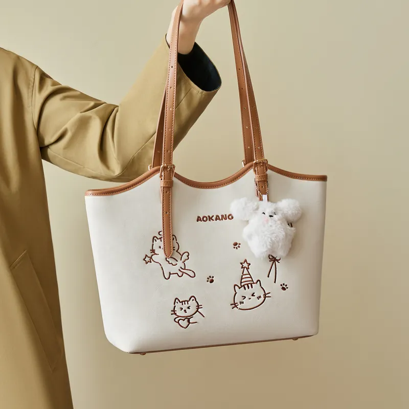 AOKANG Polyurethane Leather Tote Bag, Shoulder Bag Large Size Women's Pink/White/Black/Apricot-3