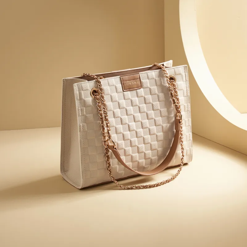 AOKANG Cow Leather Tote Diamond Pattern Chain Bag Crossbody Underarm Shoulder Bag Regular Women's Ecru/Elephant Gray-5