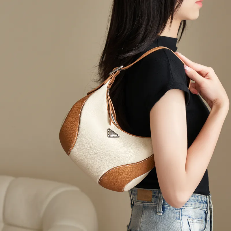 AOKANG Cow Leather Underarm Shoulder Bag Small Size Women's Ecru/Classic Black/Elephant Gray-4