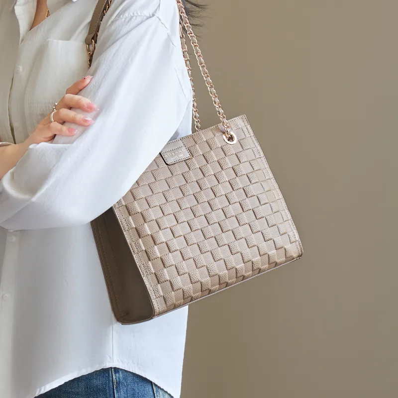 AOKANG Cow Leather Tote Diamond Pattern Chain Bag Crossbody Underarm Shoulder Bag Regular Women's Ecru/Elephant Gray-10