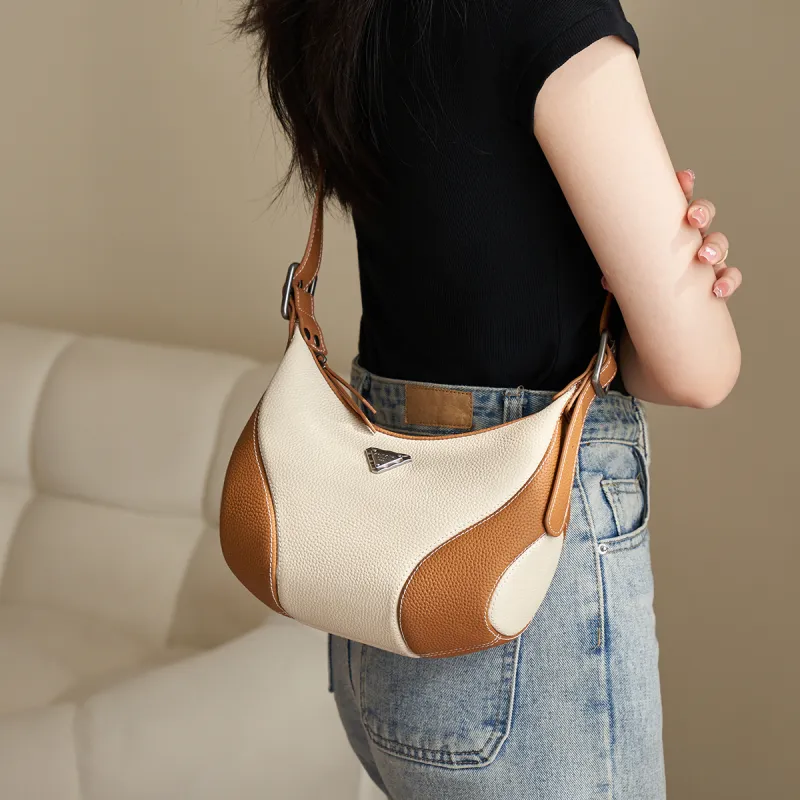 AOKANG Cow Leather Underarm Shoulder Bag Small Size Women's Ecru/Classic Black/Elephant Gray-3