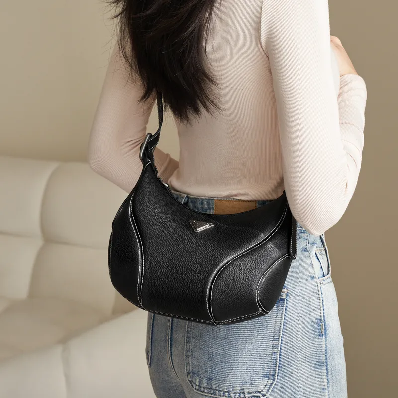 AOKANG Cow Leather Underarm Shoulder Bag Small Size Women's Ecru/Classic Black/Elephant Gray-11