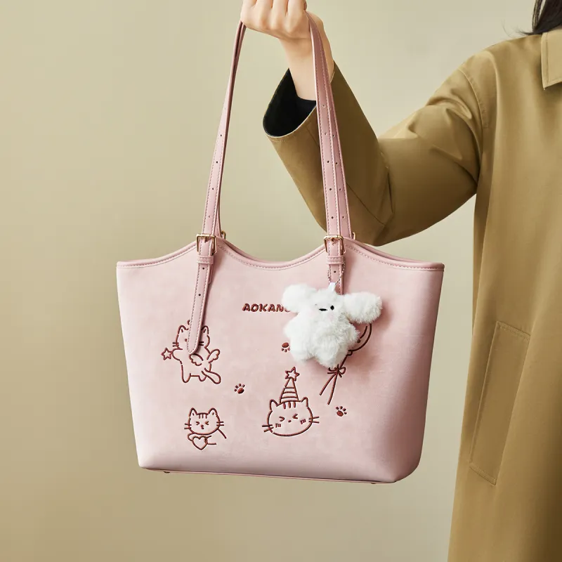 AOKANG Polyurethane Leather Tote Bag, Shoulder Bag Large Size Women's Pink/White/Black/Apricot-6