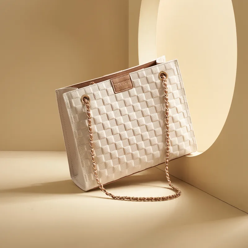 AOKANG Cow Leather Tote Diamond Pattern Chain Bag Crossbody Underarm Shoulder Bag Regular Women's Ecru/Elephant Gray-6