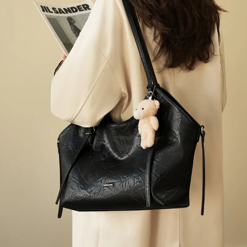 AOKANG Polyurethane Leather Tote Shoulder Bag Women's Classic Black/Cocoa Coffee/Beige Apricot-6