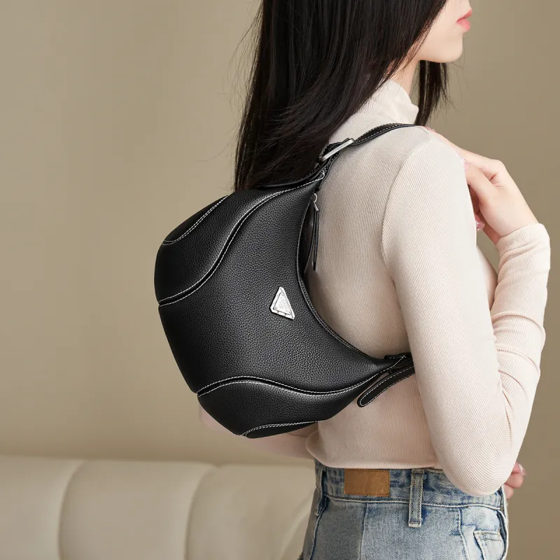 AOKANG Cow Leather Underarm Shoulder Bag Small Size Women's Ecru/Classic Black/Elephant Gray-9