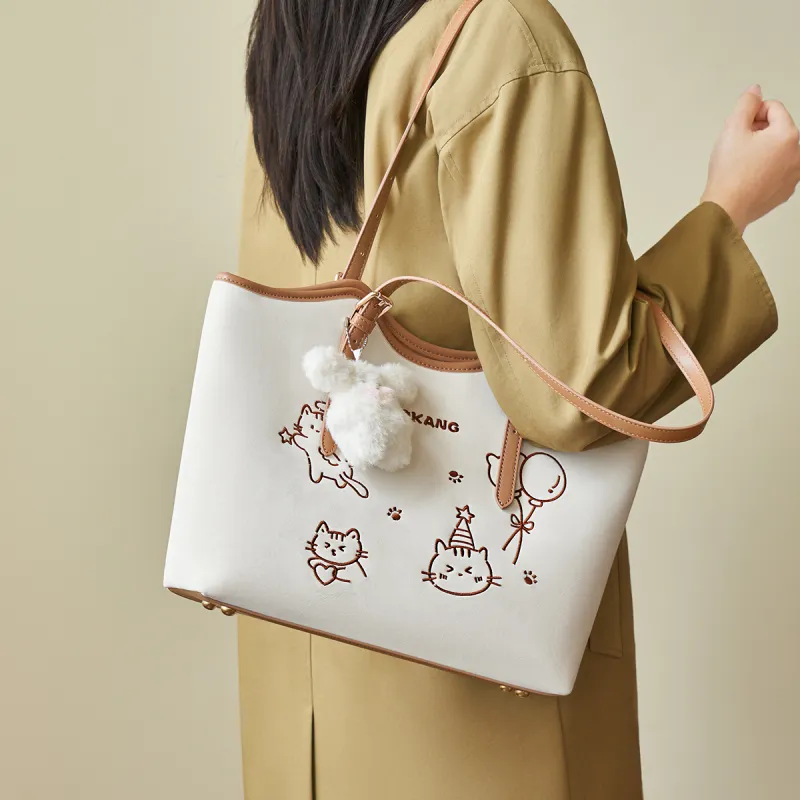 AOKANG Polyurethane Leather Tote Bag, Shoulder Bag Large Size Women's Pink/White/Black/Apricot-1