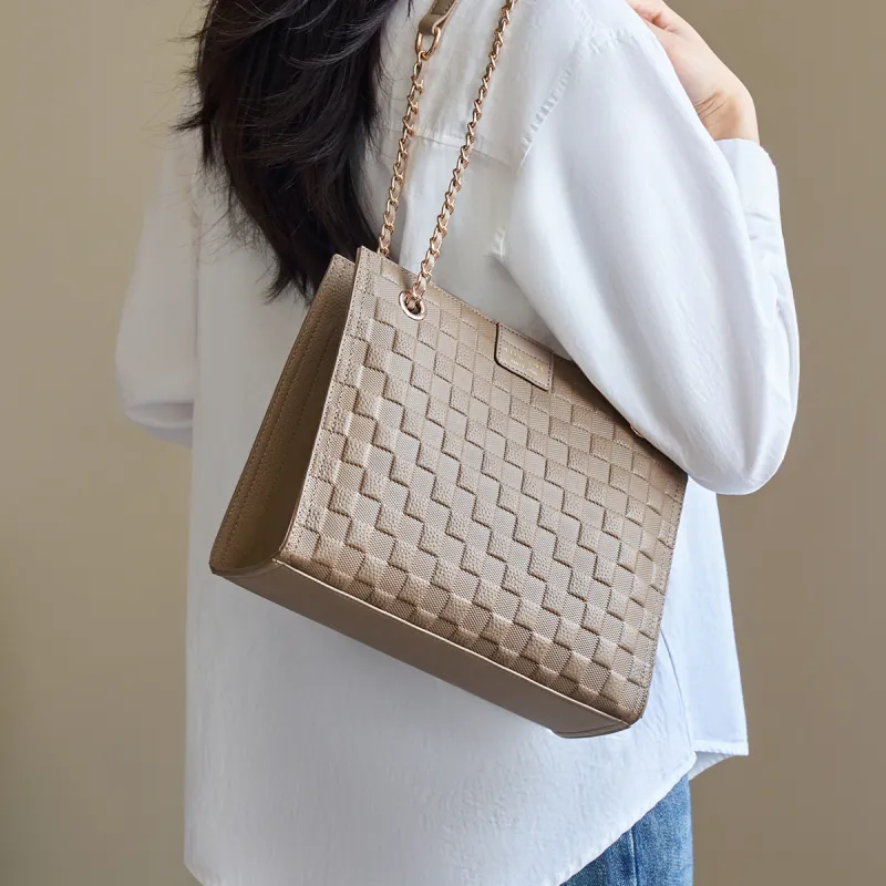 AOKANG Cow Leather Tote Diamond Pattern Chain Bag Crossbody Underarm Shoulder Bag Regular Women's Ecru/Elephant Gray-9