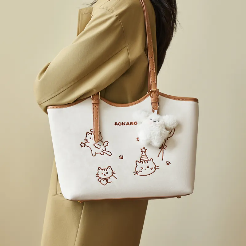 AOKANG Polyurethane Leather Tote Bag, Shoulder Bag Large Size Women's Pink/White/Black/Apricot-2