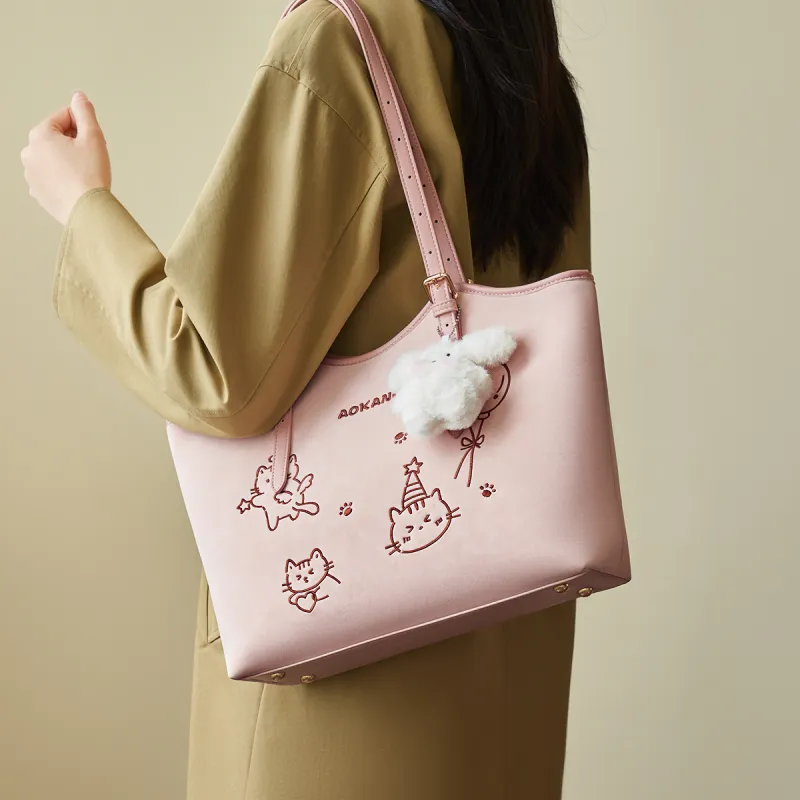 AOKANG Polyurethane Leather Tote Bag, Shoulder Bag Large Size Women's Pink/White/Black/Apricot-5