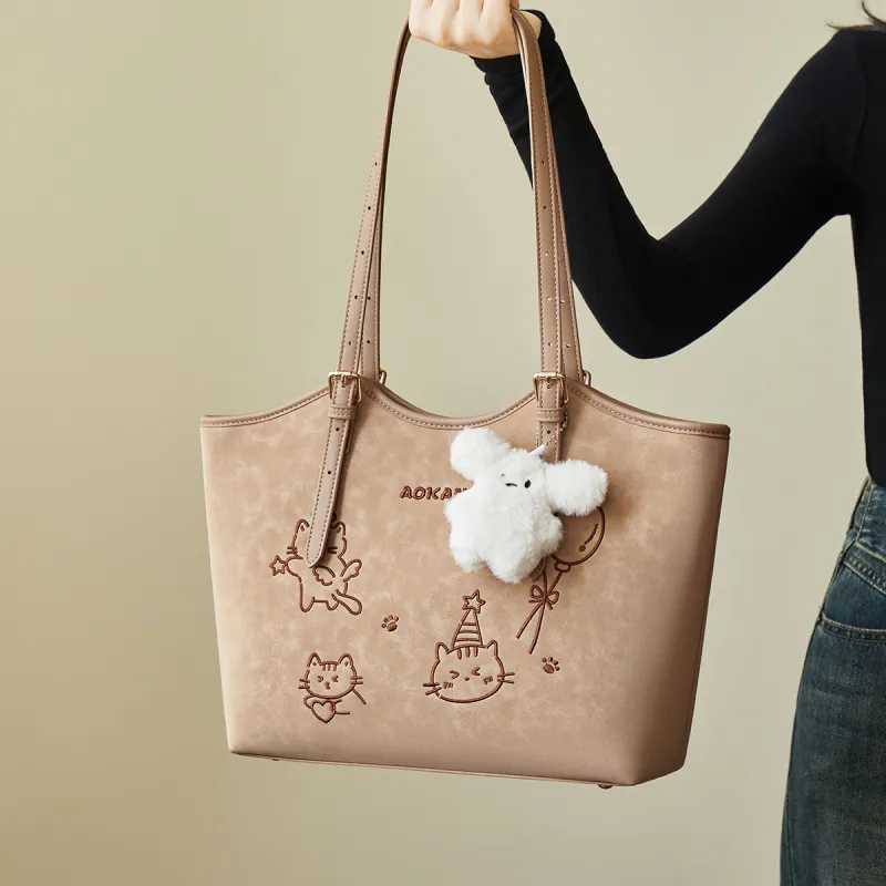 AOKANG Polyurethane Leather Tote Bag, Shoulder Bag Large Size Women's Pink/White/Black/Apricot-12