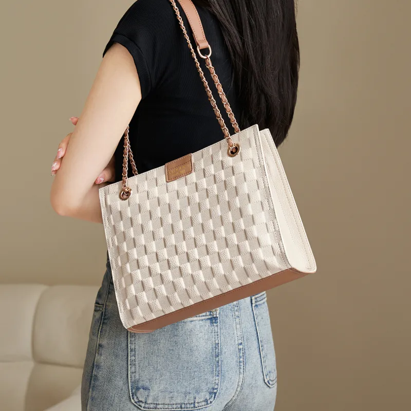 AOKANG Cow Leather Tote Diamond Pattern Chain Bag Crossbody Underarm Shoulder Bag Regular Women's Ecru/Elephant Gray-2